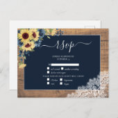 ネイビーブルーサンフラワースクリプトレースウッドウェディングRSVP インビテーションポストカード (正面/裏面)