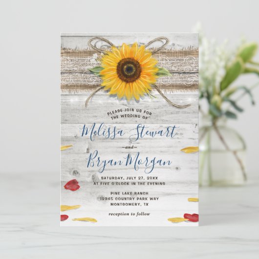 ネイビーブルーサンフラワーバラウッドレース結婚ズ 招待状 (スタンド正面)