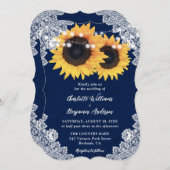 ネイビーブルーサンフラワーバーラップフローラレース結婚ズ 招待状 (正面/裏面)