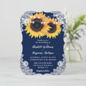 ネイビーブルーサンフラワーバーラップフローラレース結婚ズ 招待状 (スタンド正面)