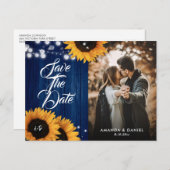 ネイビーブルーサンフラワーフォトウェディングデートを保存 案内ポストカード (正面/裏面)