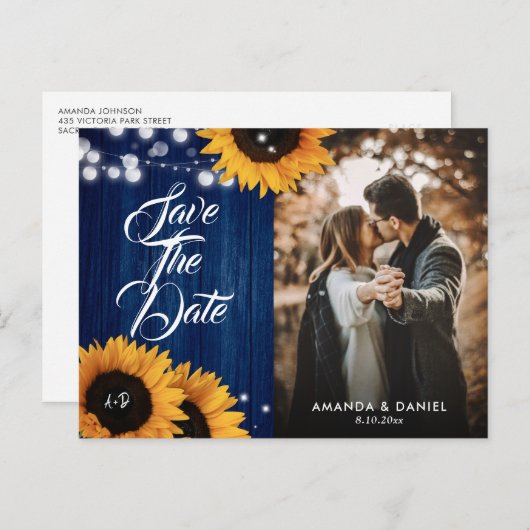 ネイビーブルーサンフラワーフォトウェディングデートを保存 案内ポストカード (正面/裏面)