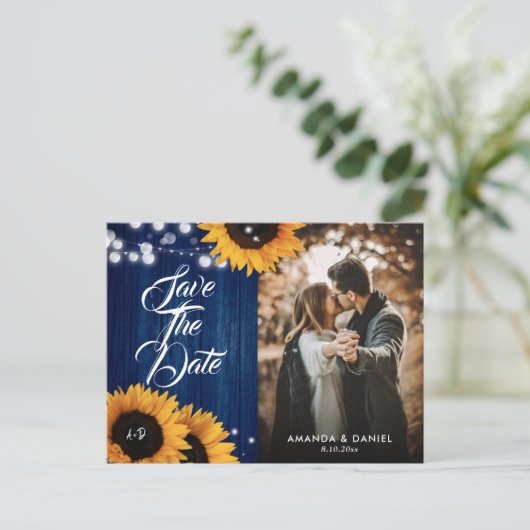 ネイビーブルーサンフラワーフォトウェディングデートを保存 案内ポストカード (スタンド正面)