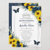 ネイビーブルーサンフラワーフローラ蝶キンセアニラ 招待状 (正面/裏面)