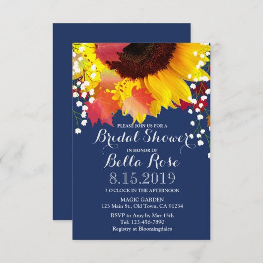 ネイビーブルーサンフラワーブライダルシャワー招待状 招待状 (正面/裏面)