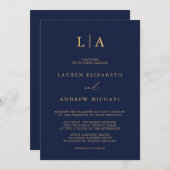 ネイビーブルーサンフラワーモノグラムミニマ結婚リスト 招待状 (正面/裏面)