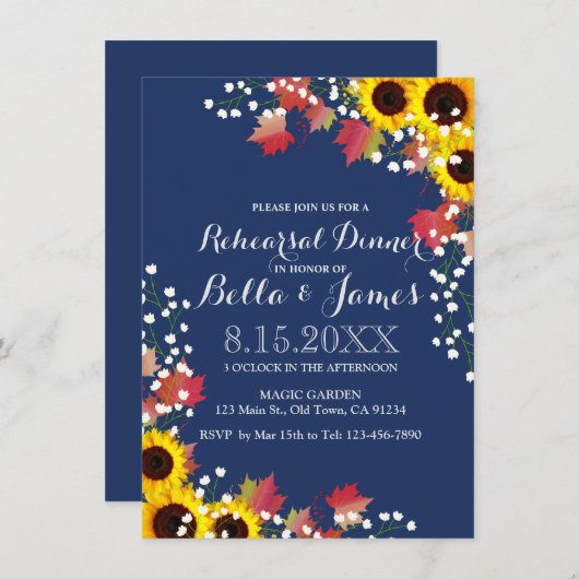 ネイビーブルーサンフラワーリハーサルディナーカード 招待状 (正面/裏面)