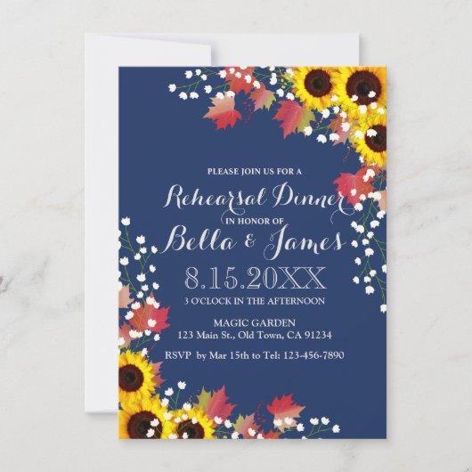 ネイビーブルーサンフラワーリハーサルディナーカード 招待状 (正面)