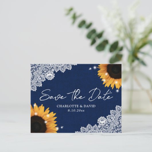 ネイビーブルーサンフラワーレース結婚式の日付を保存 案内ポストカード (スタンド正面)