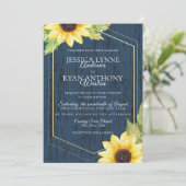 ネイビーブルーサンフラワー幾何素朴フレーム結婚ズ 招待状 (スタンド正面)
