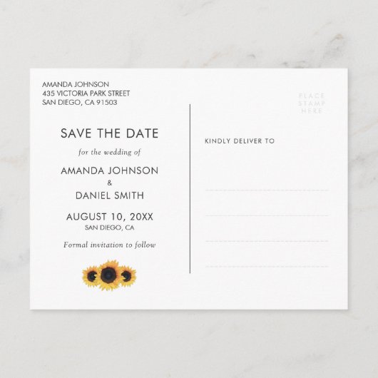 ネイビーブルーサンフラワー日付写真はがきを保存 案内ポストカード (裏面)