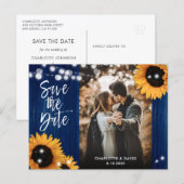 ネイビーブルーサンフラワー日付写真はがきを保存 案内ポストカード (正面/裏面)