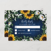 ネイビーブルーサンフラワー素朴ウエディングRSVPカード 出欠カード (正面/裏面)