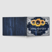 ネイビーブルーサンフラワー素朴ウッドレース結婚ズ ゲストブック (全面)