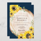 ネイビーブルーサンフラワー素朴ウッド結婚ズ 招待状 (正面/裏面)