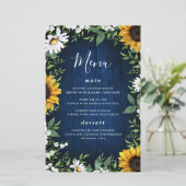 ネイビーブルーサンフラワー素朴グ結婚ウッドのメニューカード (スタンド正面)