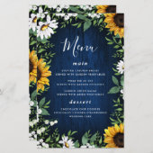 ネイビーブルーサンフラワー素朴グ結婚ウッドのメニューカード (正面/裏面)