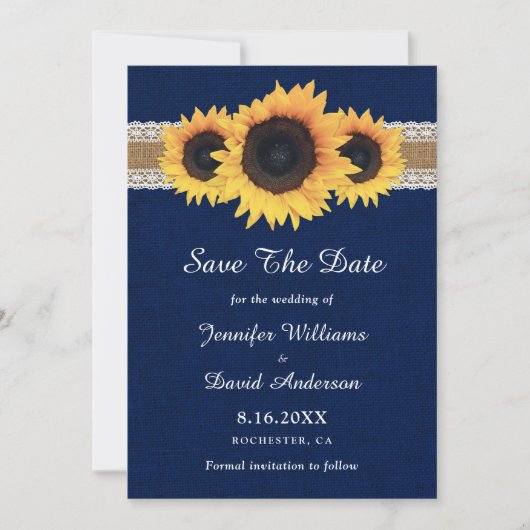 ネイビーブルーサンフラワー素朴バーラップレース結婚ズ セーブザデート (正面)