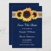 ネイビーブルーサンフラワー素朴バーラップレース結婚ズ セーブザデート (正面/裏面)