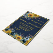 ネイビーブルーサンフラワー結婚フローラ金ゴールド 箔招待状 (回転した状態)