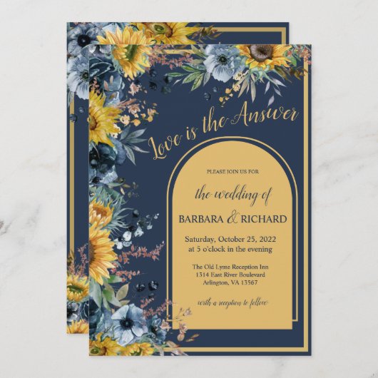 ネイビーブルーサンフラワー結婚フローラ 招待状 (正面/裏面)