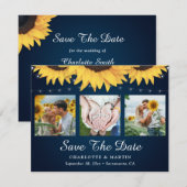 ネイビーブルーサンフラワー3写真デイトカードを保存 セーブザデート (正面/裏面)