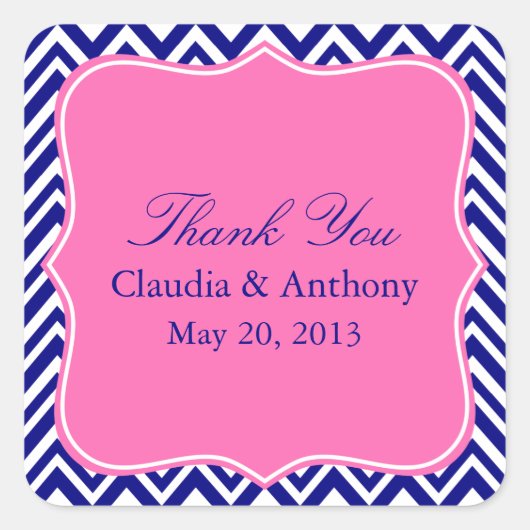 ネイビーブルーシェブロンパターンとホットピンクありがとう スクエアシール (正面)