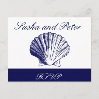 ネイビーブルーシェルビーチ結婚式RSVPカード 出欠カード