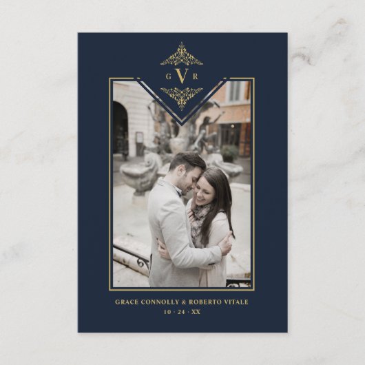 ネイビーブルーシック偽金ゴールド結婚のイニシャルが繁栄 エンクロージャーカード (正面)