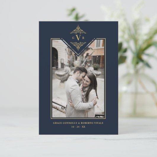 ネイビーブルーシック偽金ゴールド結婚のイニシャルが繁栄 エンクロージャーカード (スタンド正面)