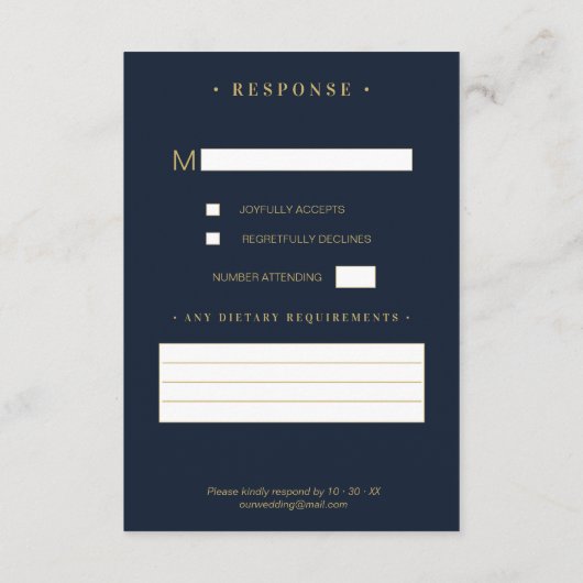 ネイビーブルーシック偽金ゴールド結婚のイニシャルが繁栄 エンクロージャーカード (裏面)