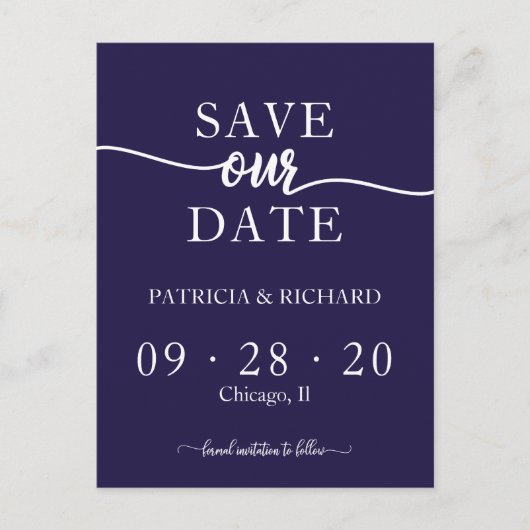 ネイビーブルーシック書道結婚式の日付を保存 ポストカード (正面)