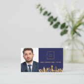 ネイビーブルーシティ実在スキライン不動産ロゴ写真QR 名刺 (スタンド正面)