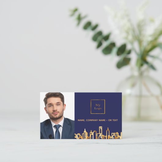 ネイビーブルーシティ実在スキライン不動産ロゴ写真QR 名刺 (スタンド正面)