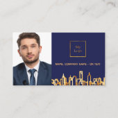 ネイビーブルーシティ実在スキライン不動産ロゴ写真QR 名刺 (正面)