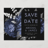 ネイビーブルーシルバーのフラワーSave the Date（結婚式招待状） (正面)