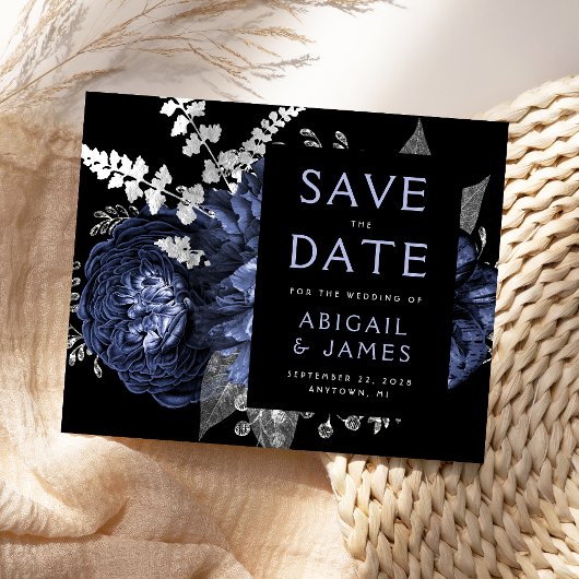 ネイビーブルーシルバーのフラワーSave the Date（結婚式招待状）