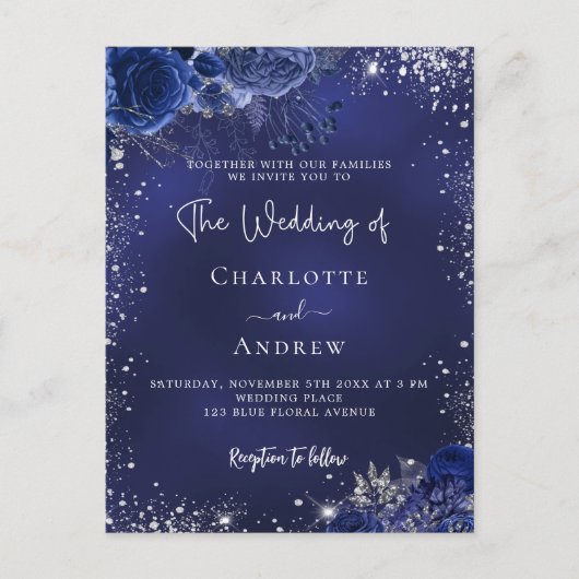 ネイビーブルーシルバーの花の結婚スクリプト インビテーションポストカード (正面)