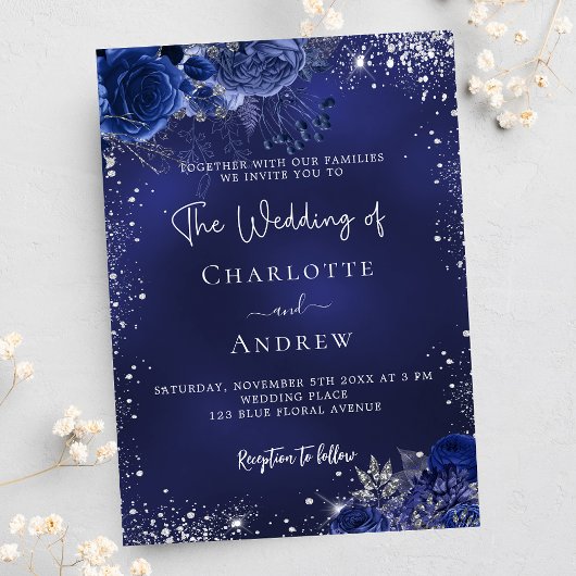 ネイビーブルーシルバーの花の結婚スクリプト インビテーションポストカード
