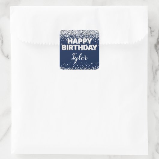 ネイビーブルーシルバーの誕生日パーティーファーバー スクエアシール (バッグ)
