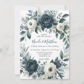 ネイビーブルーシルバーアイボリー結婚フローラお祝い 招待状 (正面)