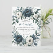 ネイビーブルーシルバーアイボリー結婚フローラお祝い 招待状 (スタンド正面)