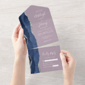 ネイビーブルーシルバーアガテマウヴ結婚ズ オールインワン招待状 (貼ってはがせる)