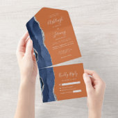 ネイビーブルーシルバーアゲートオレンジ結婚ズ オールインワン招待状 (貼ってはがせる)