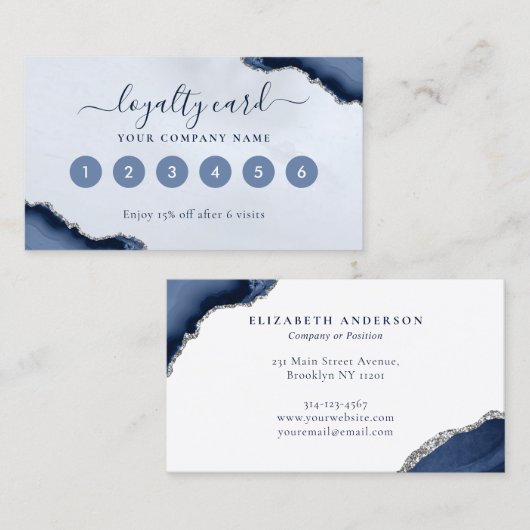 ネイビーブルーシルバーアゲートグリッタースパークルビジネス ロイヤリティカード (正面/裏面)