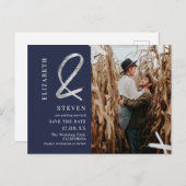 ネイビーブルーシルバーアンパサンド写真の日付を保存 ポストカード (正面/裏面)