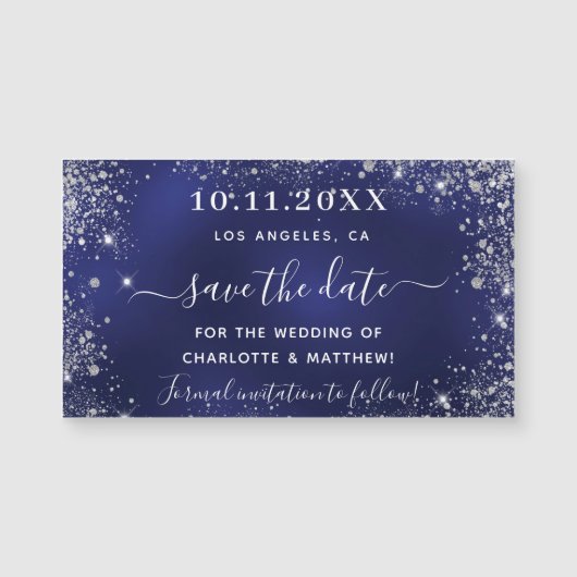 ネイビーブルーシルバーウェディングは日付磁石を保存 (正面)