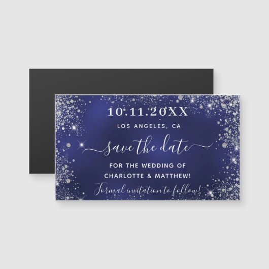 ネイビーブルーシルバーウェディングは日付磁石を保存 (正面/裏面)