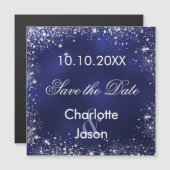 ネイビーブルーシルバーウェディングデイトマグネットを保存 (正面/裏面)