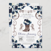 ネイビーブルーシルバーウエスタンチャラブーツキンセアニラ 招待状 (正面/裏面)